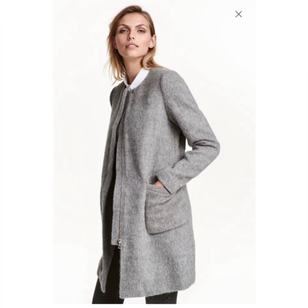H&M collarless wool blend coat zip up grey boucle structured wool jacket size 6